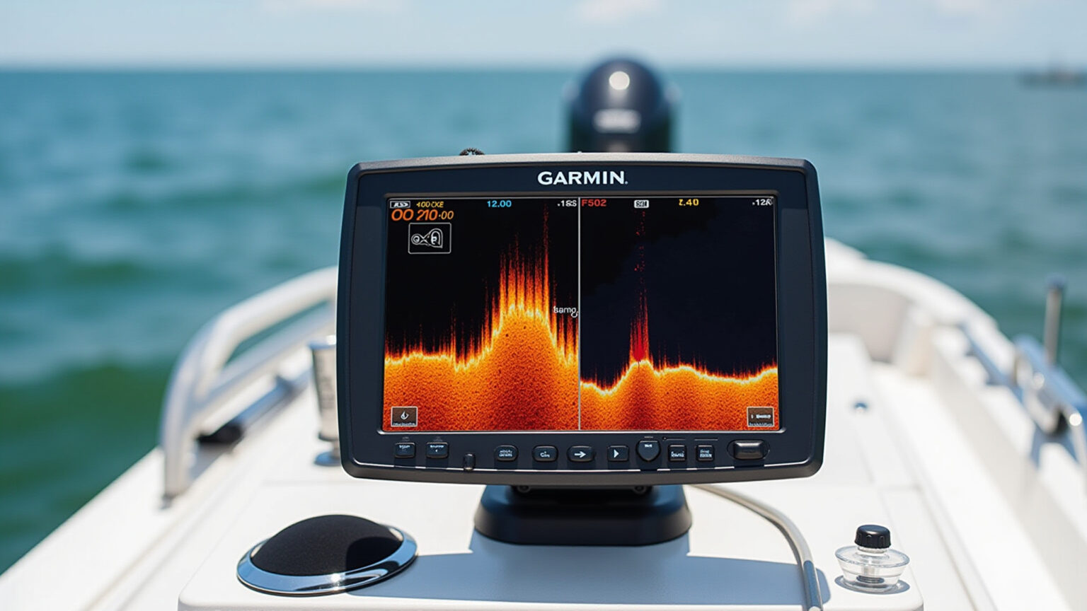 Garmin ECHOMAP UHD2 exibindo sonar de alta definição em barco de pesca.