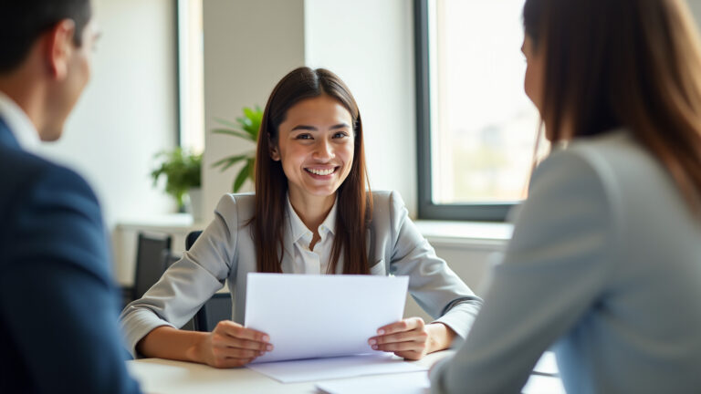 Mulher sorrindo ao analisar documentos de empréstimo consignado com consultor financeiro.
