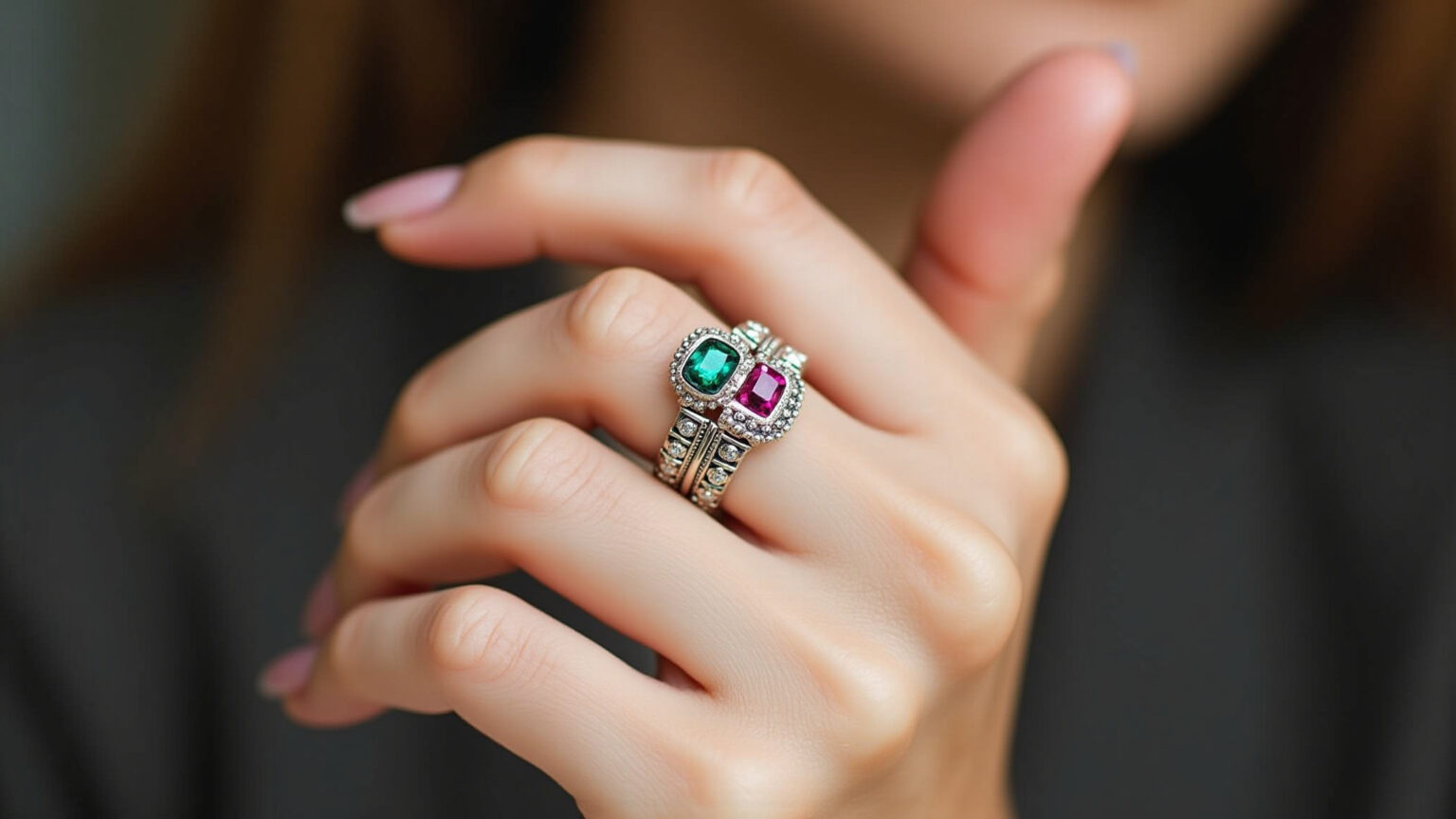 Anel de prata 925 com pedra preciosa em detalhe.