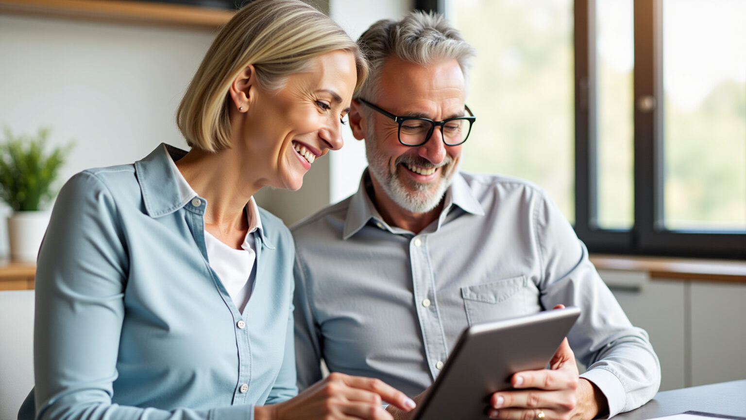 Guia Completo 2026: Como Escolher o Melhor Plano Dental Familiar para Você Casal maduro sorrindo ao revisar opções de plano dental em um tablet.