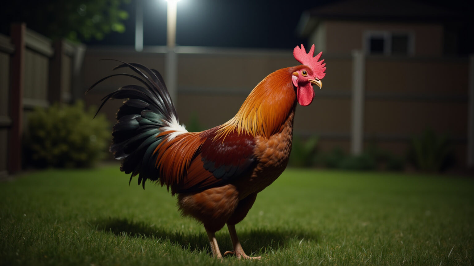Galo cantando alto às 3 da manhã em área urbana.