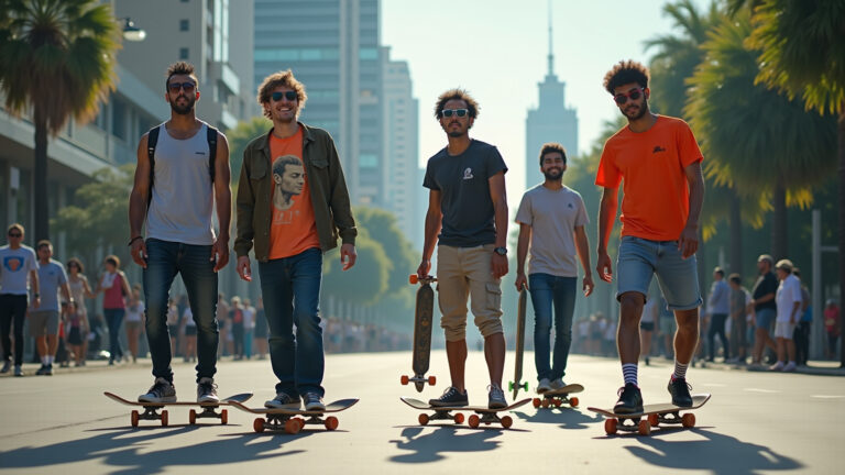 Skatistas diversos em São Paulo praticando street, park e longboard.