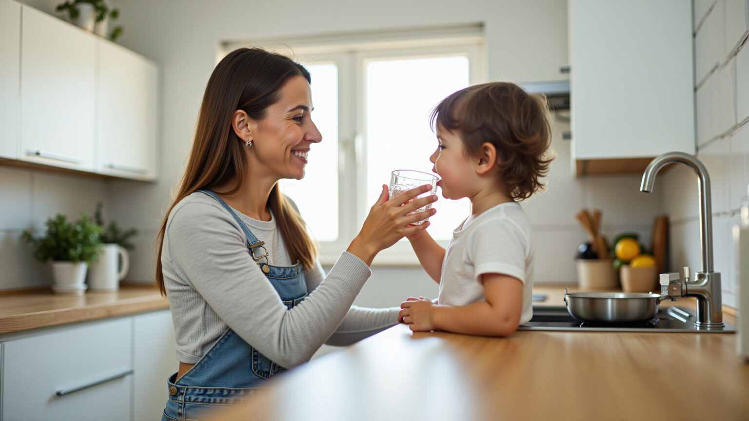 Mãe oferecendo água para filho em cozinha brasileira.