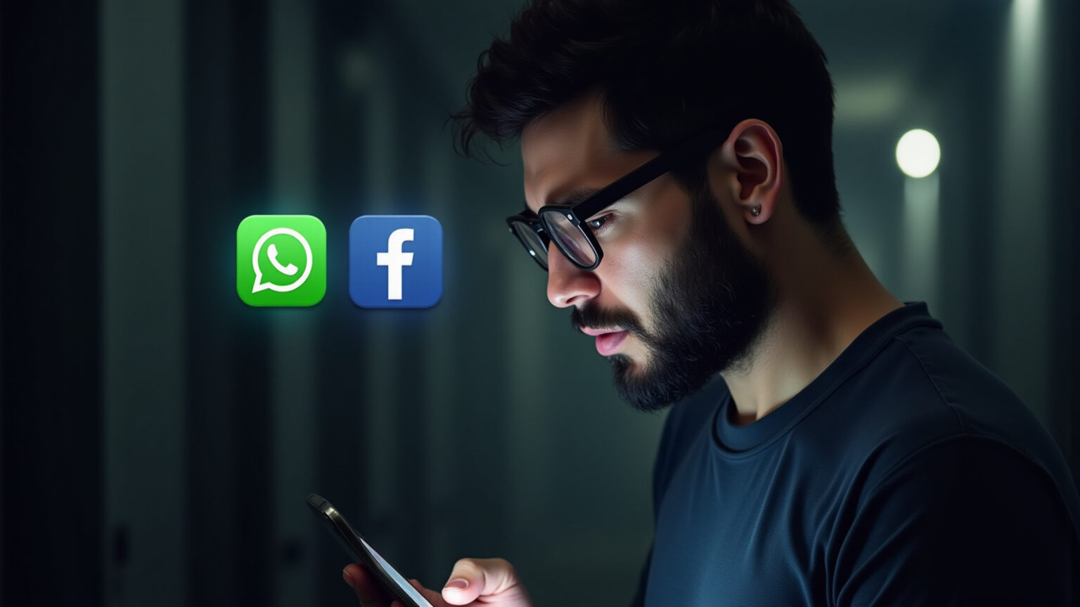 Homem preocupado olhando para o celular com logos do Facebook e WhatsApp, simbolizando golpes online.