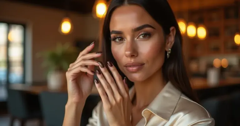 17 Ideias de Unha Marrom Escuro com Glitter Dourado para 2026 17 Ideias de Unha Marrom Escuro com Glitter Dourado para 2026