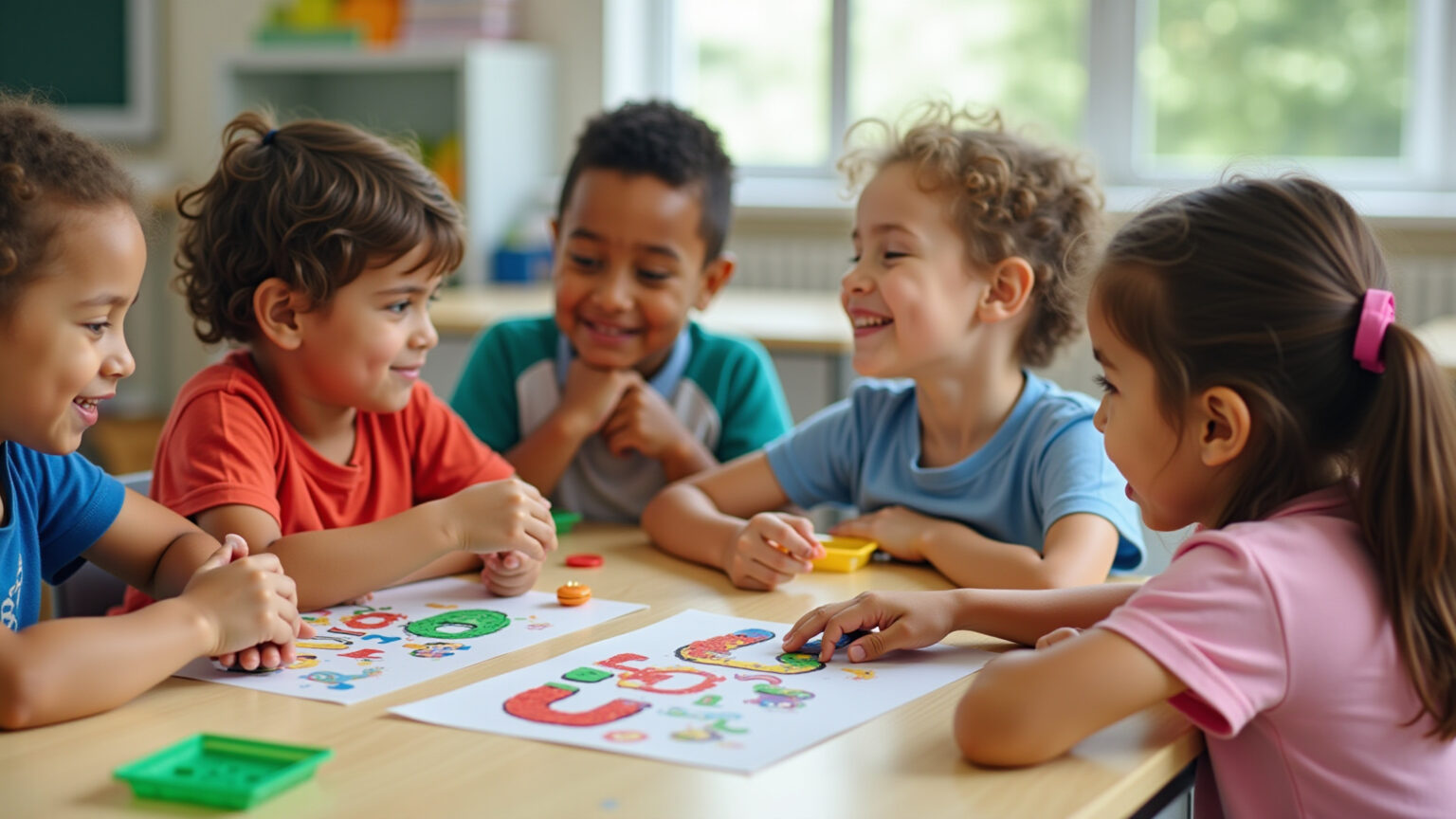 Crianças aprendendo a letra L com atividades lúdicas em sala de aula.