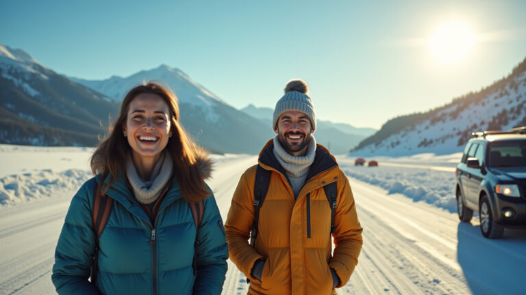 Casal brasileiro sorrindo cruza fronteira nevada para o Chile no inverno com carro.