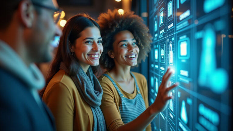 Antivírus 2026: A Defesa Essencial do Seu Mundo Digital Revelada Família brasileira confiante interagindo com interface digital de segurança em 2026.