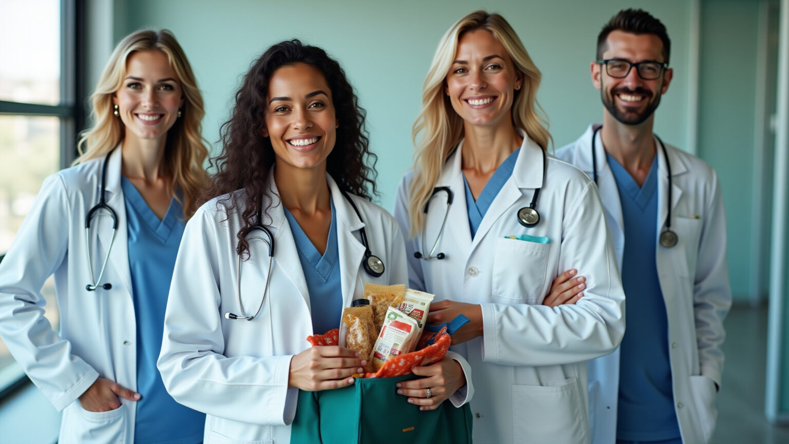 Médicos brasileiros sorridentes e cheios de energia com suas bolsas preparadas para plantões.