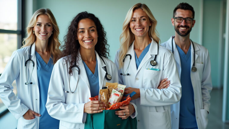 Médicos brasileiros sorridentes e cheios de energia com suas bolsas preparadas para plantões.