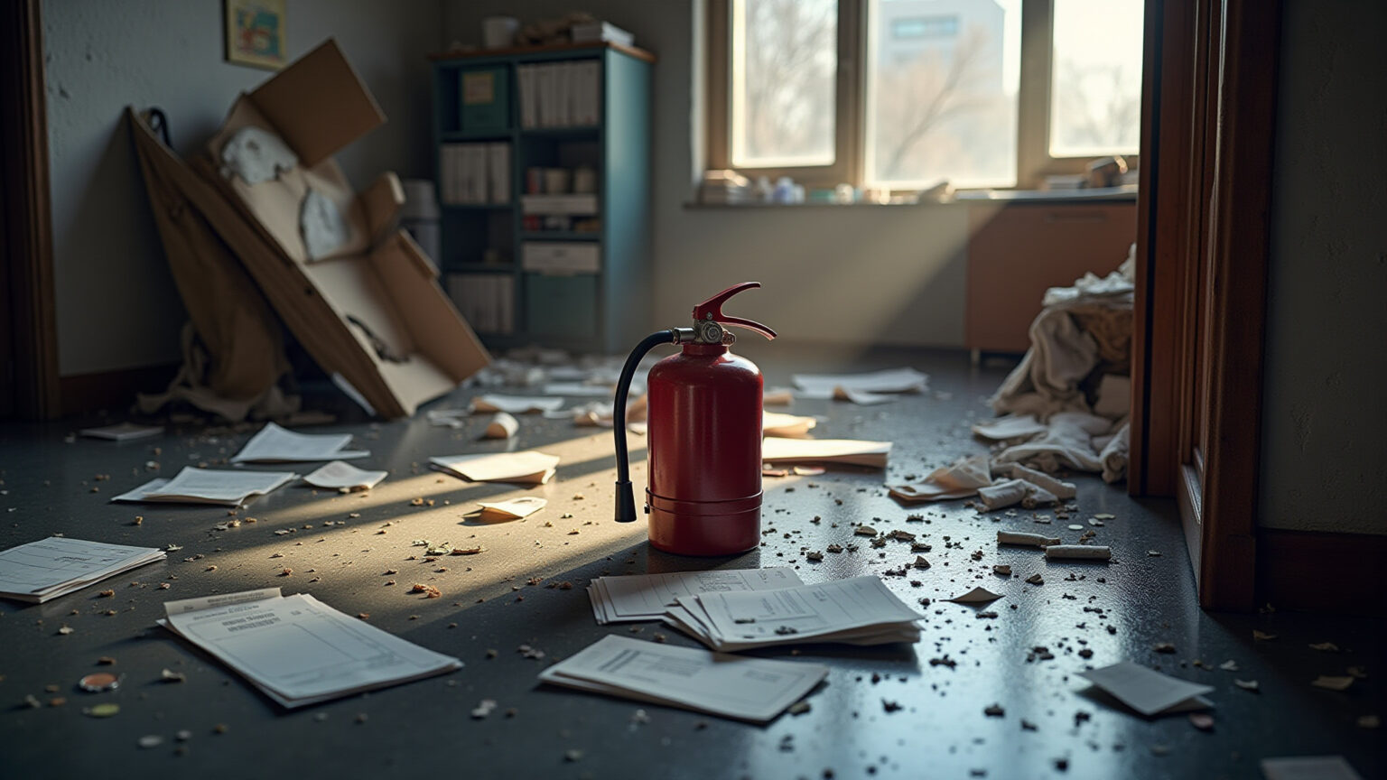 Empresa danificada após incêndio, com extintor no chão e contas espalhadas.