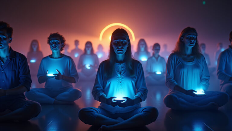 Pessoas meditando com luz suave de smartphones, conceito de espiritualidade digital.