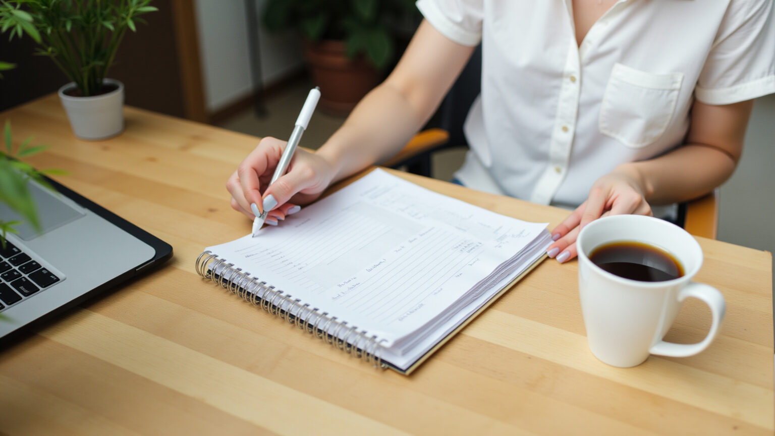 Mulher organizando sua agenda com calma e foco.