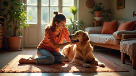 5 nutrientes que ajudam cães idosos a manter mobilidade e conforto Mulher brasileira acaricia cão idoso em sala com decoração vibrante.