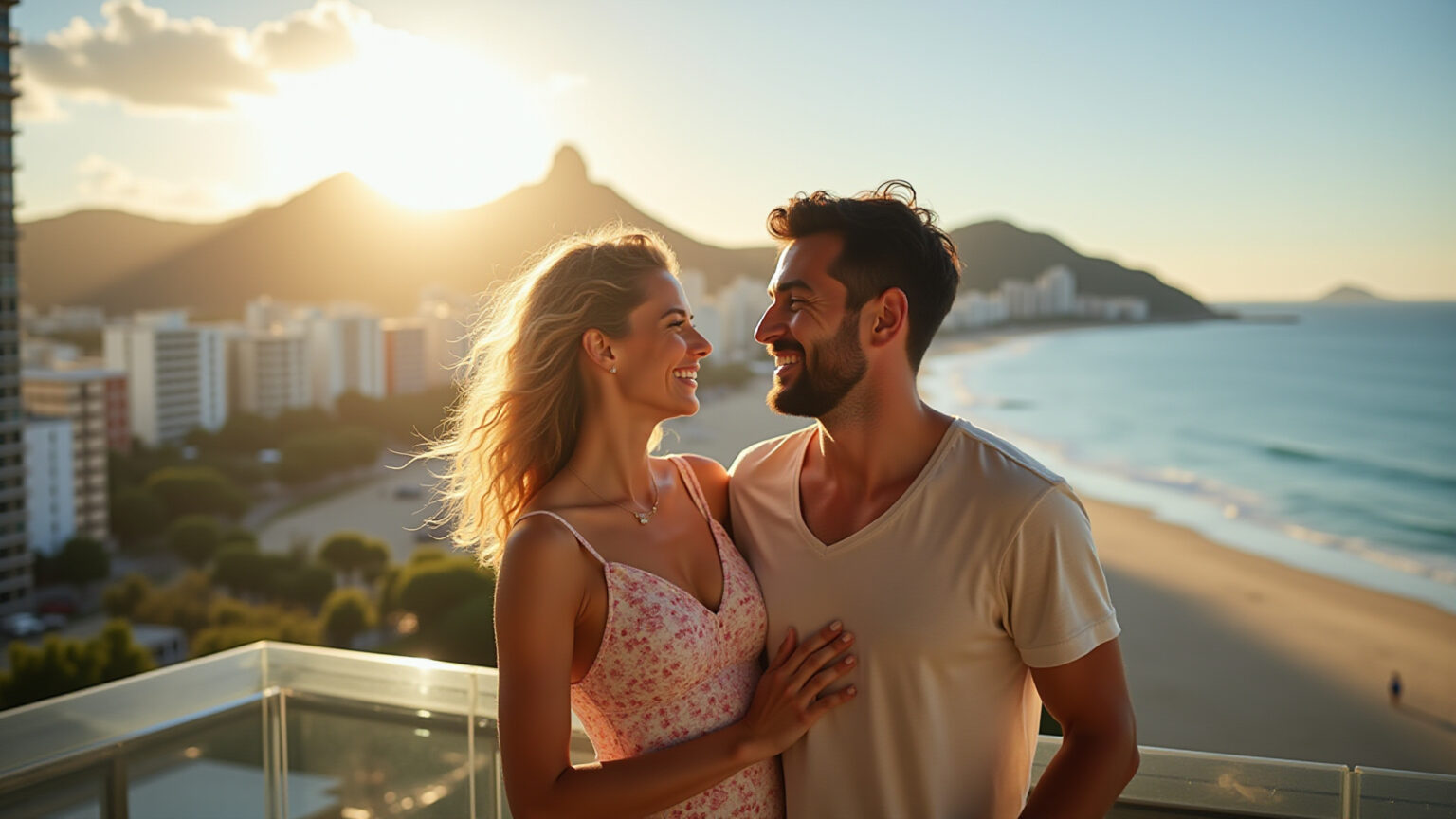 Casal feliz em varanda de apartamento de luxo no Leblon, Rio de Janeiro, com vista para a praia.