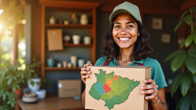 Profissional dos Correios sorrindo com pacote e mapa de CEP brasileiro.