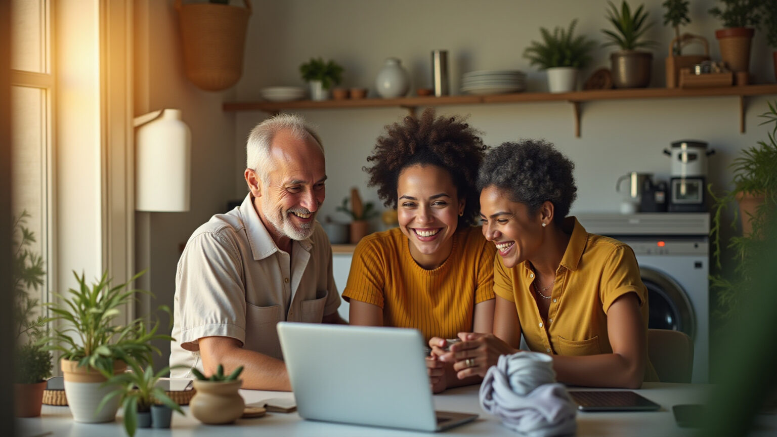 Pessoas inteligentes investindo em casa e carreira com sorrisos e atividades positivas.