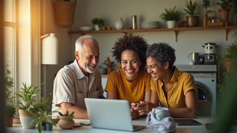 Pessoas inteligentes investindo em casa e carreira com sorrisos e atividades positivas.