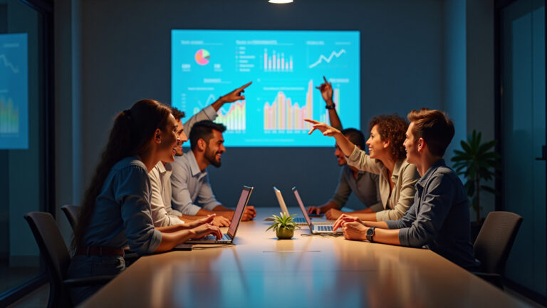 Profissionais brasileiros colaborando em torno de um dashboard de marketing digital.
