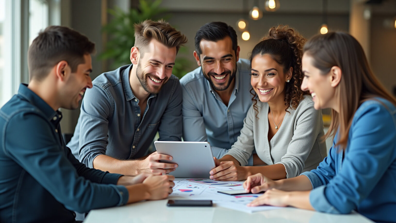 Profissionais brasileiros sorrindo e colaborando em uma campanha de marketing digital eficiente.