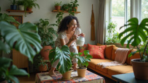 Apartamento pequeno e vibrante com muitas plantas e decoração brasileira.