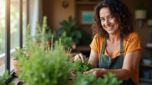Mulher brasileira cuidando de plantas medicinais em sua varanda com decoração vibrante.