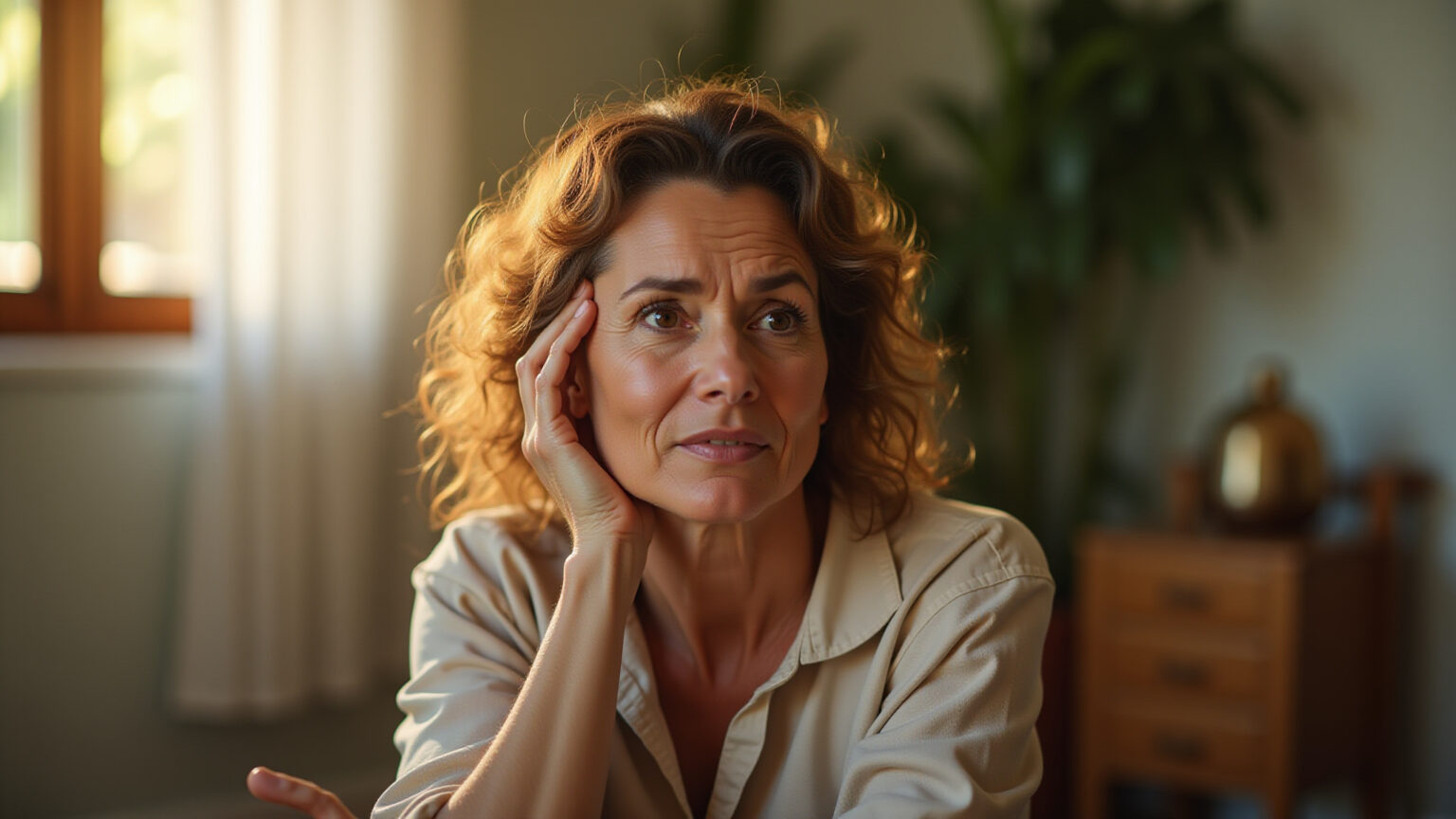 Ansiedade dói no corpo? Entenda a relação mente-dor Mulher brasileira sentindo dor de cabeça ligada à ansiedade.