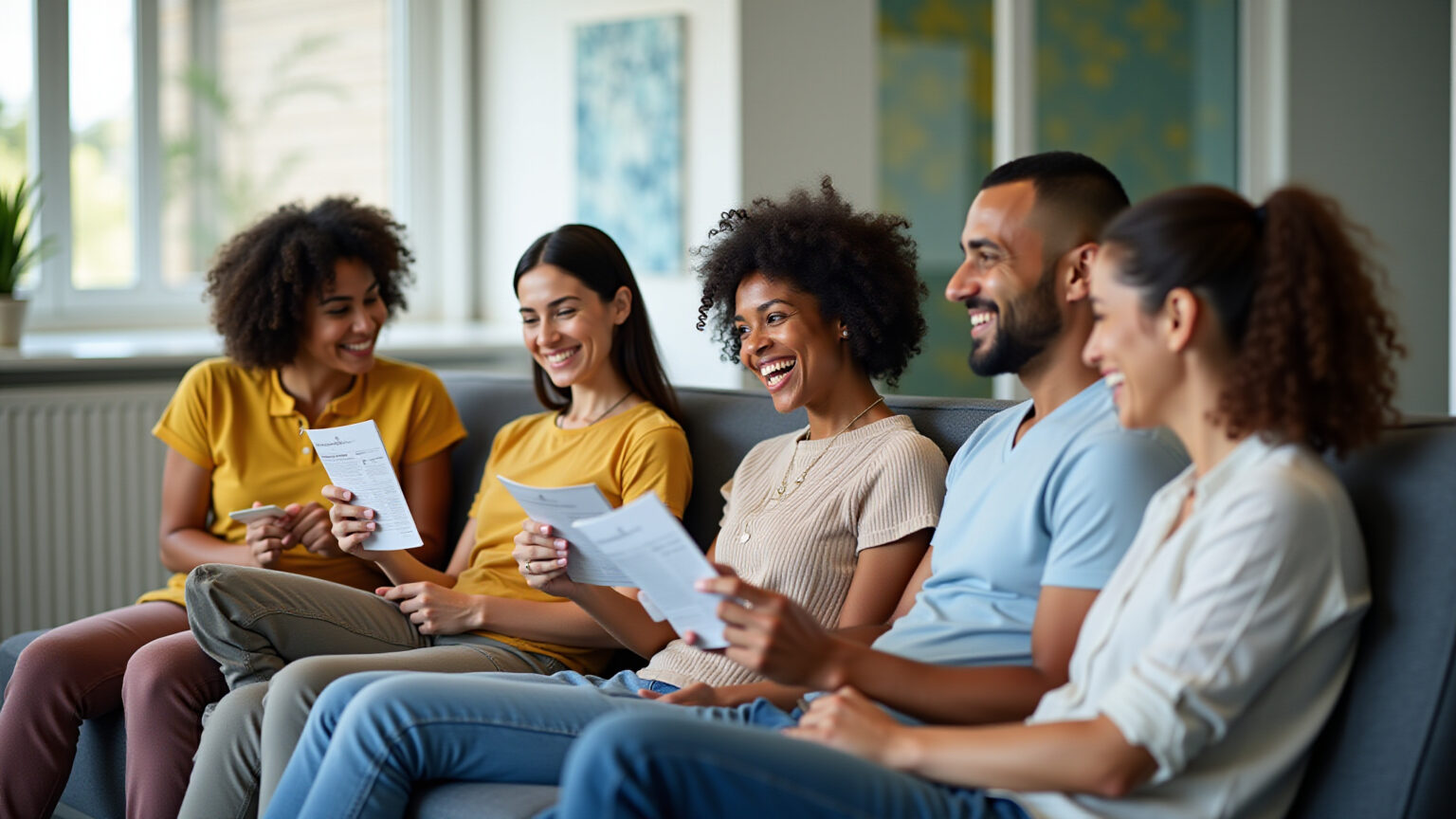 Brasileiros sorridentes em uma sala de espera de clínica, promovendo saúde preventiva.
