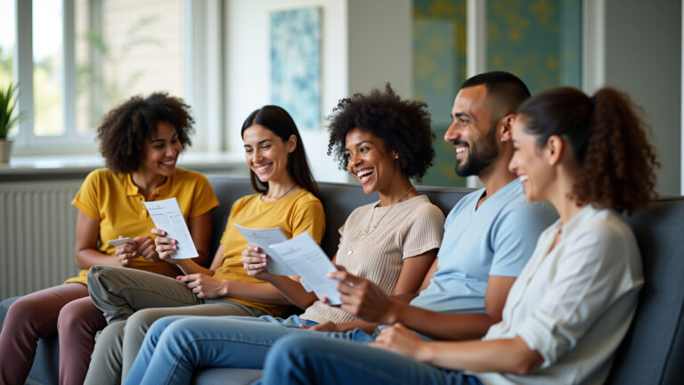 Brasileiros sorridentes em uma sala de espera de clínica, promovendo saúde preventiva.