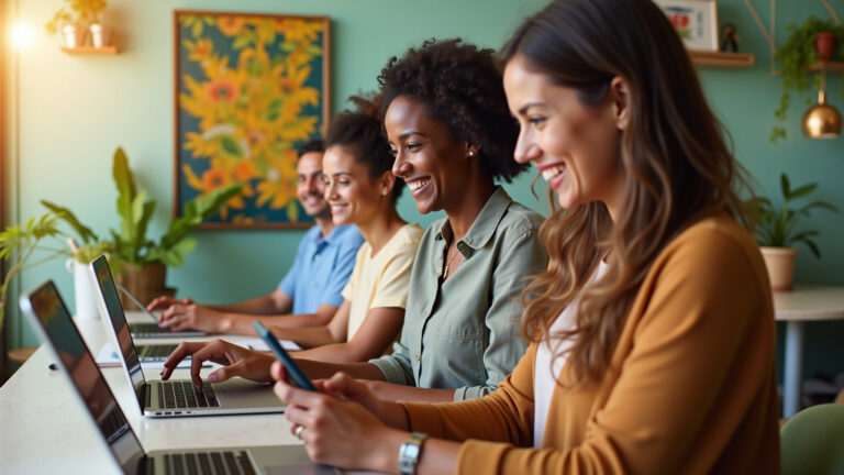 Pessoas diversas no Brasil usando tecnologia em um ambiente de trabalho moderno e inspirador.