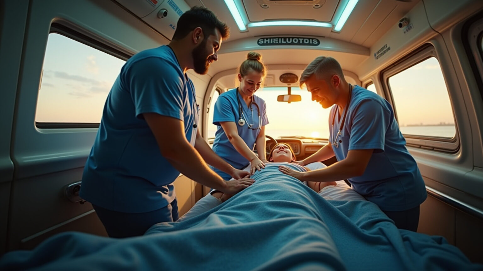 Ambulância particular em Curitiba com equipe médica atendendo paciente.