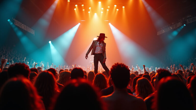 15 curiosidades sobre Michael (2026), o Filme do Rei do Pop Jaafar Jackson como Michael Jackson em performance vibrante, com público brasileiro reagindo.