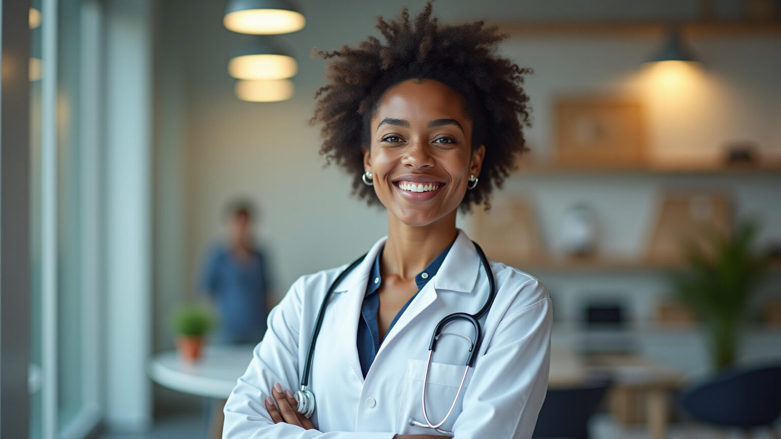 Estudante de medicina brasileira sorrindo com jaleco branco, simbolizando conquista e futuro financeiro.
