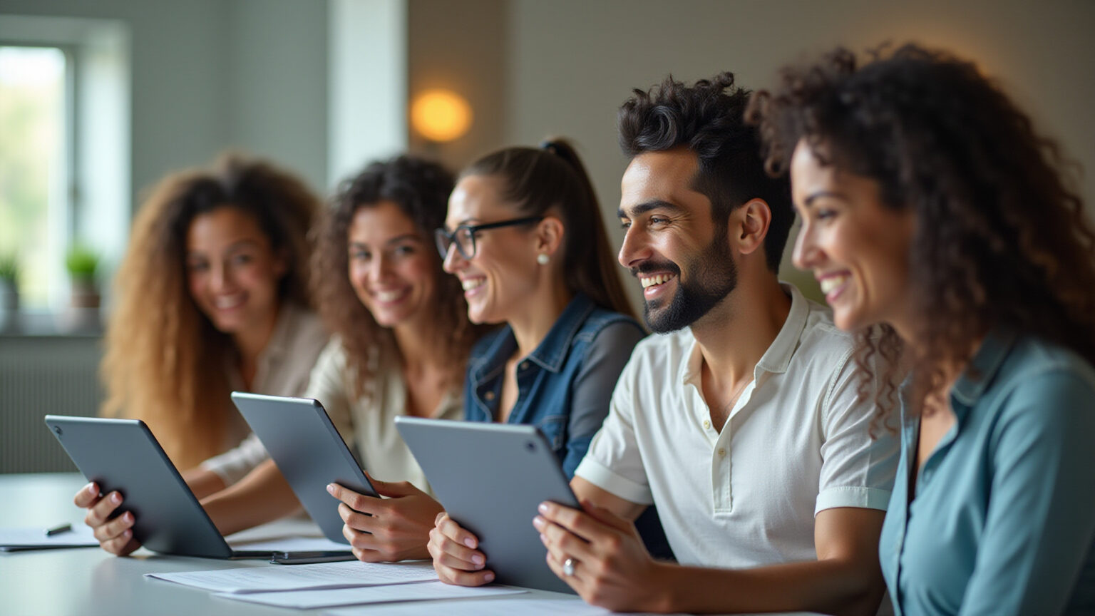 Adultos brasileiros sorrindo e revisando documentos digitais em tablets, transmitindo segurança.