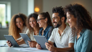 Adultos brasileiros sorrindo e revisando documentos digitais em tablets, transmitindo segurança.