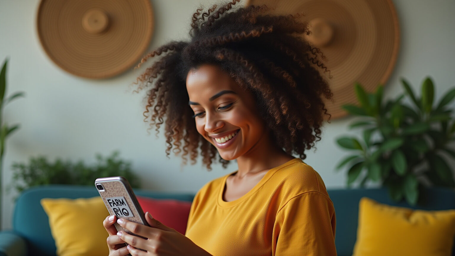 Jovem brasileira sorrindo e criando letras personalizadas no celular.