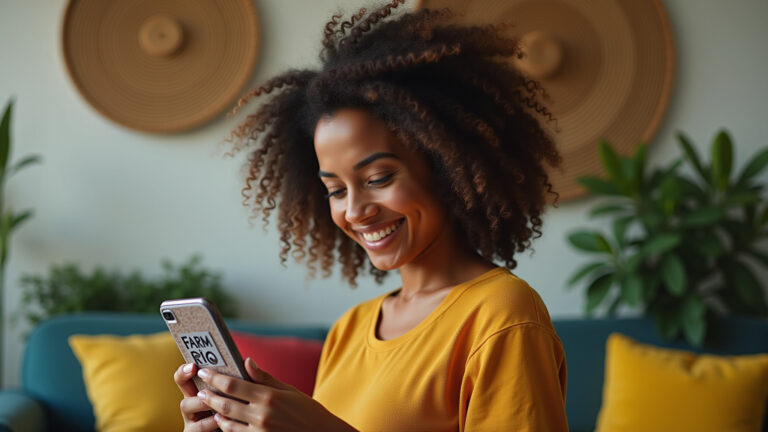 Jovem brasileira sorrindo e criando letras personalizadas no celular.