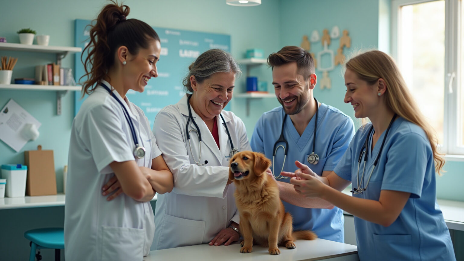 Veterinários brasileiros de diversas etnias colaborando em clínica moderna, com foco em cães e gatos e saúde pública.