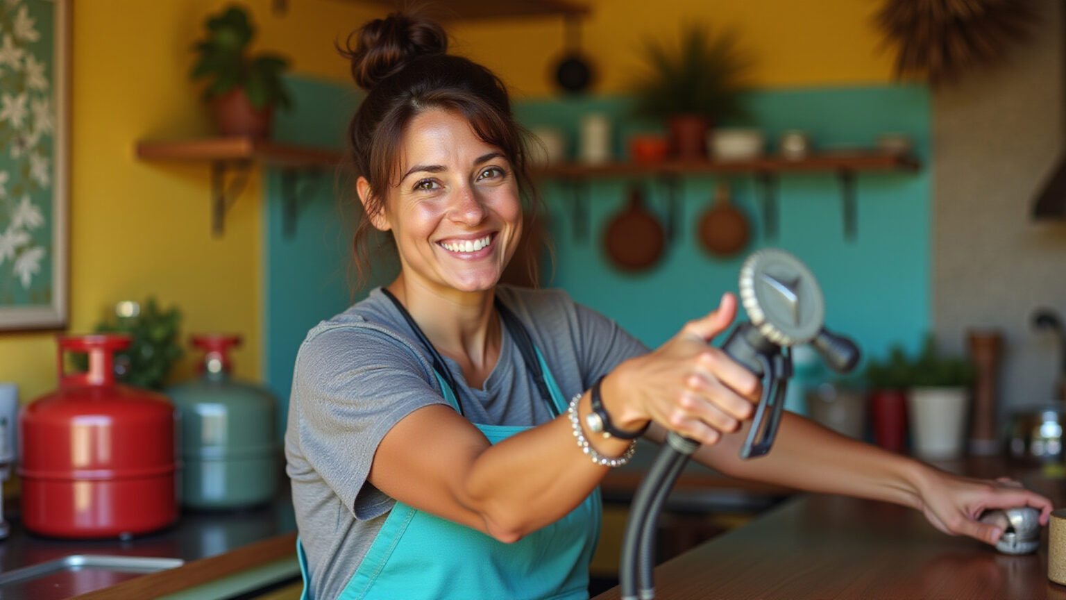 Mulher brasileira sorrindo ao receber recarga de gás em cozinha colorida.