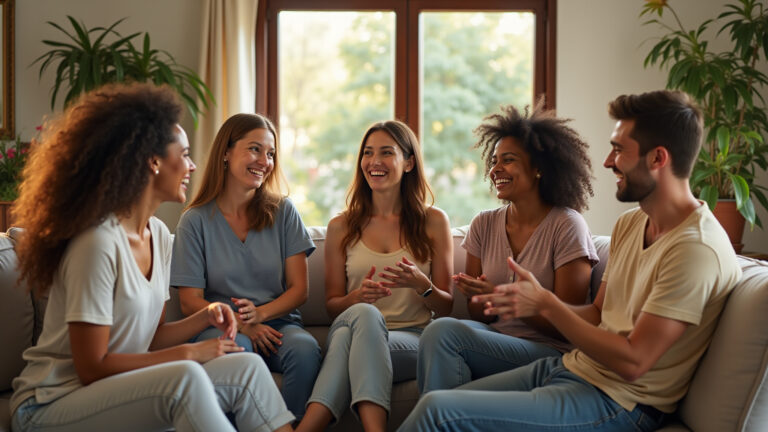 40 Nomes que Começam com a Letra N: Ideias e Significados Adultos brasileiros sorrindo e discutindo nomes de bebês em sala decorada com estilo brasileiro.