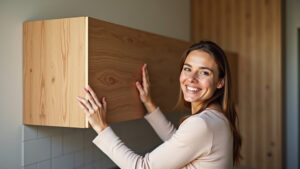 30 Ideias de Móveis Envelopados com Papel Contact para Inspirar Você Mulher brasileira sorrindo com móvel de cozinha renovado com papel contact imitando madeira.