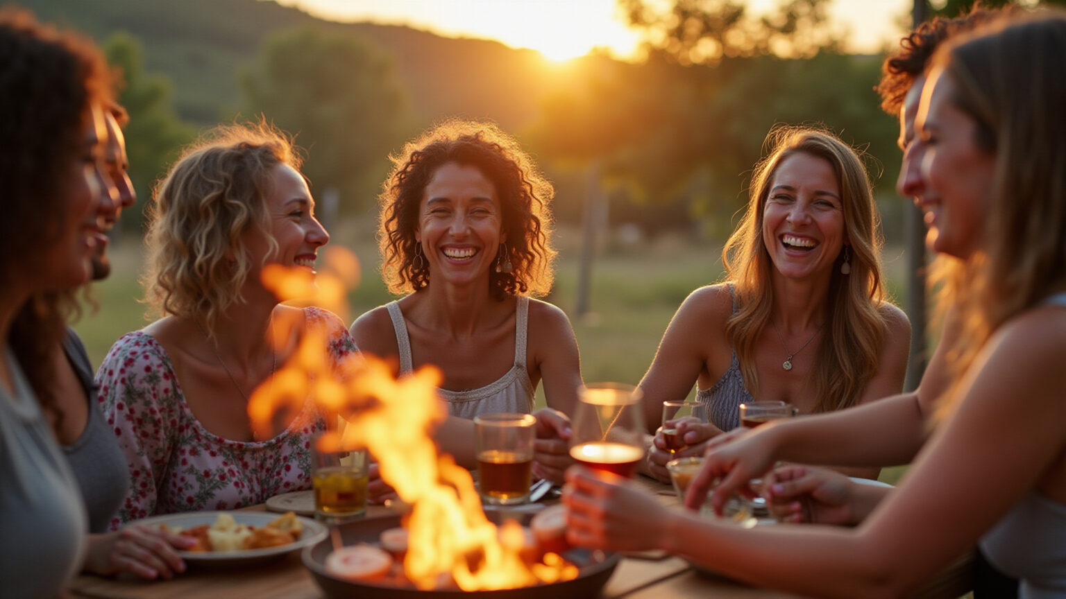 Grupo diverso de brasileiros celebrando festa de fim de ano em chácara com churrasco e piscina.