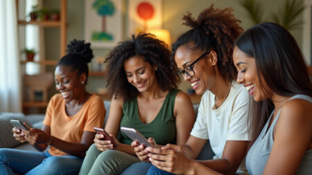 Brasileiros sorrindo e usando aplicativos de saúde em seus celulares.