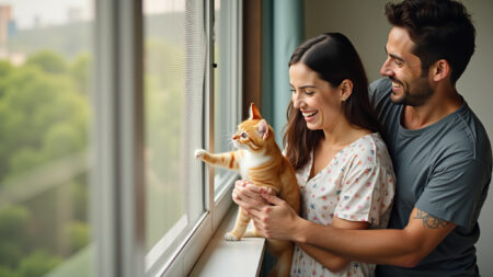 Família brasileira sorrindo com gato em varanda segura com redes de proteção.