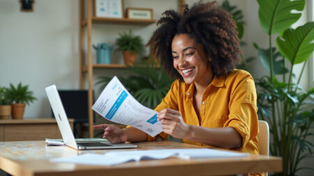 Microempreendedora brasileira sorrindo ao consultar nota fiscal eletrônica em tablet.