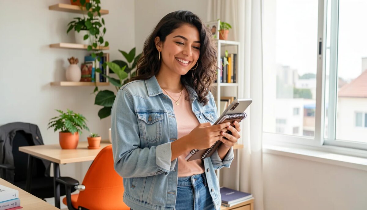 Jovem influenciadora digital sorrindo em home office com celular e caderno