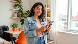 Jovem influenciadora digital sorrindo em home office com celular e caderno
