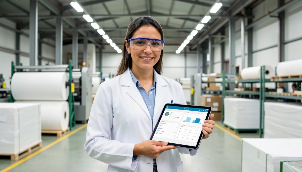 Gerente industrial segurando tablet em fábrica de papel moderna em Atibaia