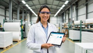 Gerente industrial segurando tablet em fábrica de papel moderna em Atibaia