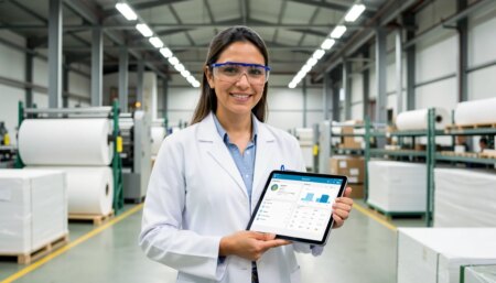 Gerente industrial segurando tablet em fábrica de papel moderna em Atibaia